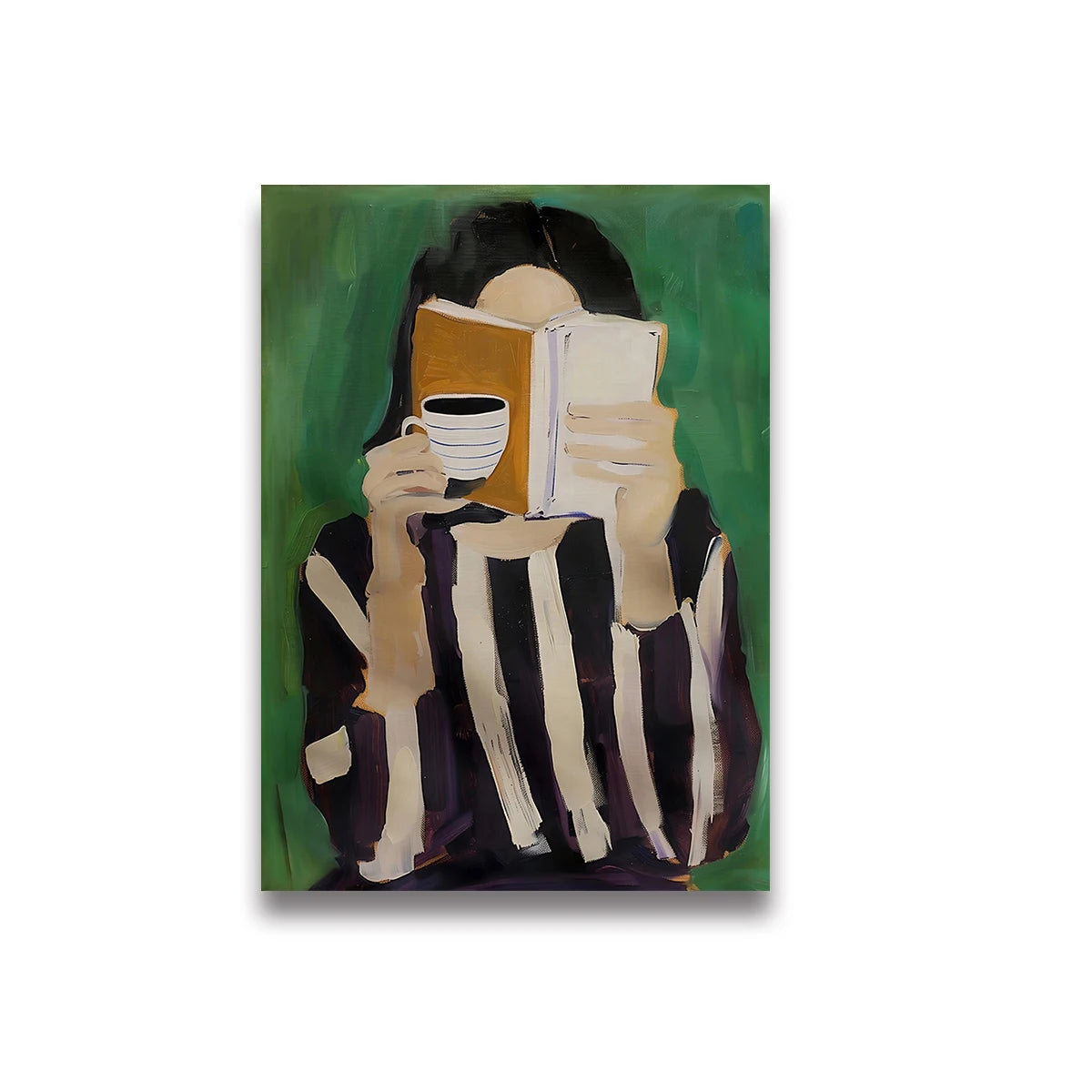 Abstract Woman Coffee Canvas Print | Green Stripe Modern Wall Art Canvas Wall Art Peaceful Pleasures Health and Wellness TL1709 30x40cm Unframed