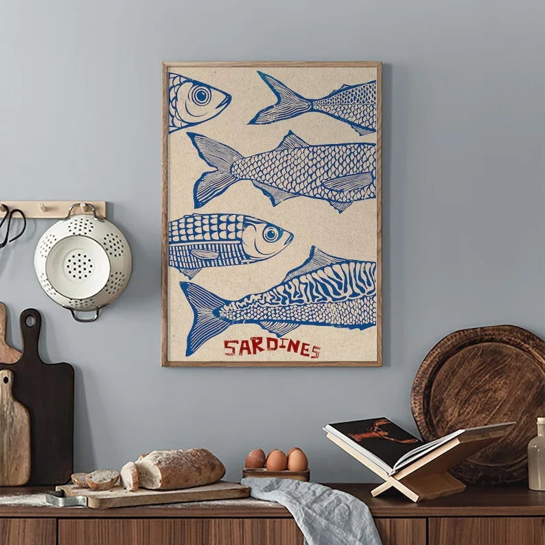 Retro Japanese Sardines Canvas Wall Art Print | Kitchen Decor
