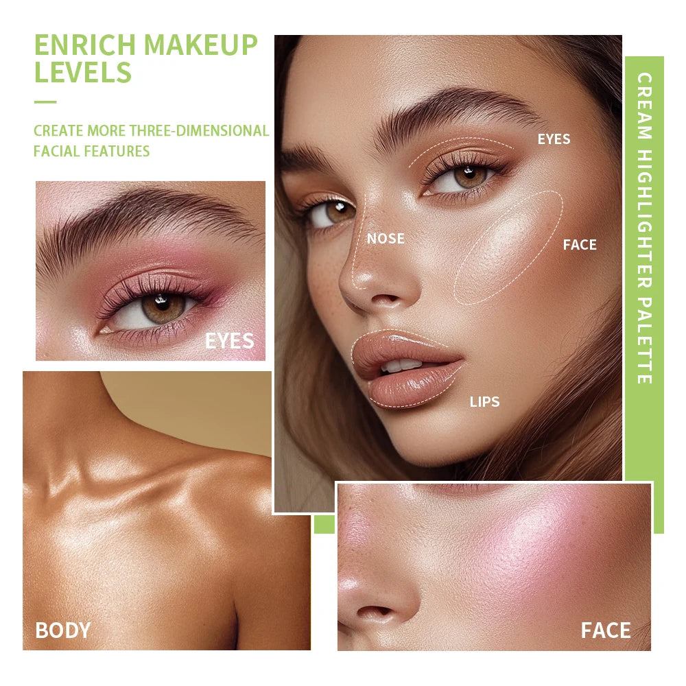 8Colors Cream Highlighter/Brow/Blush Palett Face Brighten Highlighter Blush&Contouring Shimmer Waterproof Makeup Tool Cosmetics Peaceful Pleasures Health and Wellness