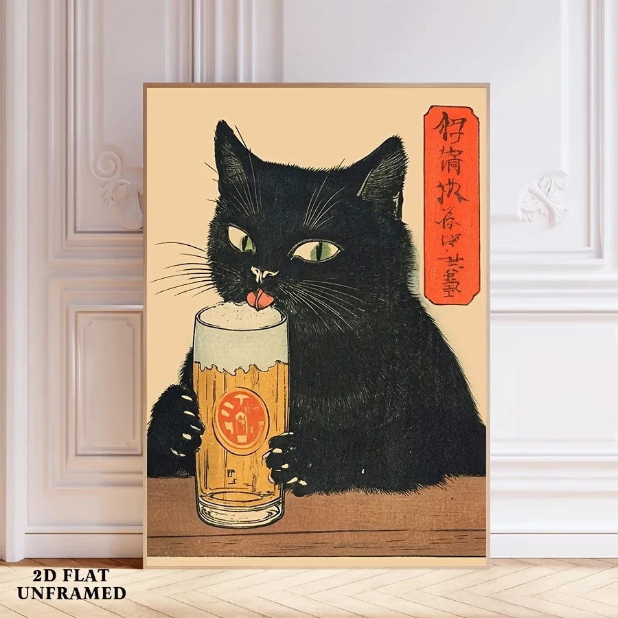 Retro Japanese Black Cat Canvas Wall Art Print | Home Decor