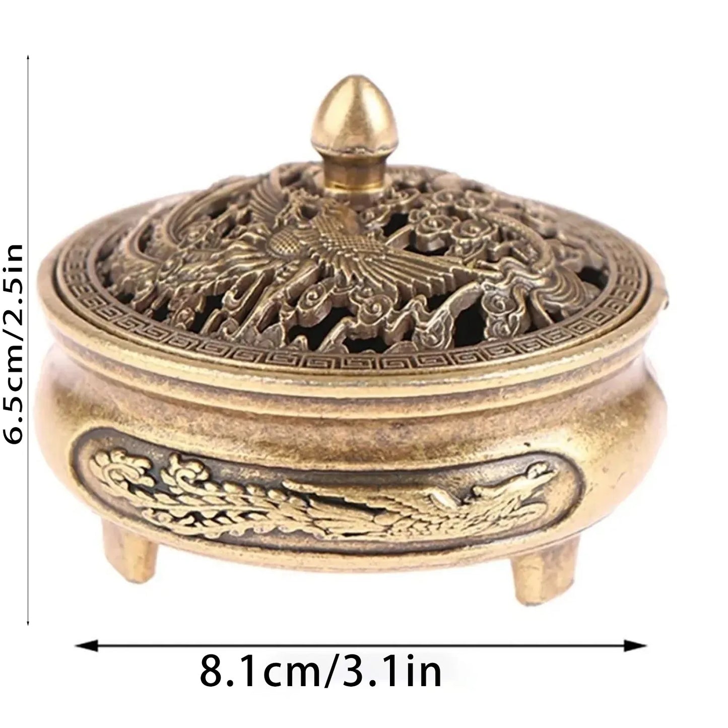 Antique Brass Hollow Dragon Phoenix Incense Burner Incense Mini Ornaments for Home Chinese Ancient Tea Desk Decor Indoor Perfume Peaceful Pleasures Health and Wellness