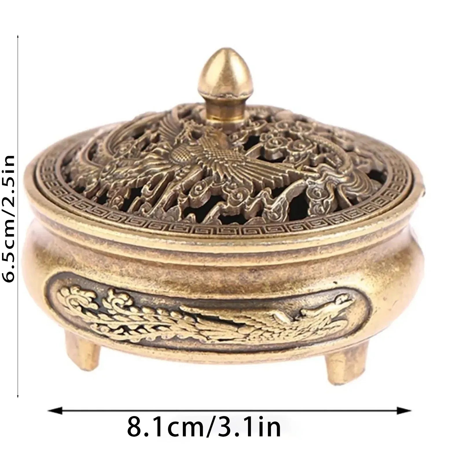 Antique Brass Hollow Dragon Phoenix Incense Burner Incense Mini Ornaments for Home Chinese Ancient Tea Desk Decor Indoor Perfume Peaceful Pleasures Health and Wellness