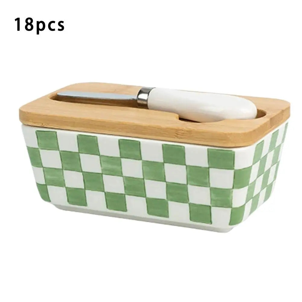 Farmhouse Ceramic Butter Dish with Lid & Knife Set
