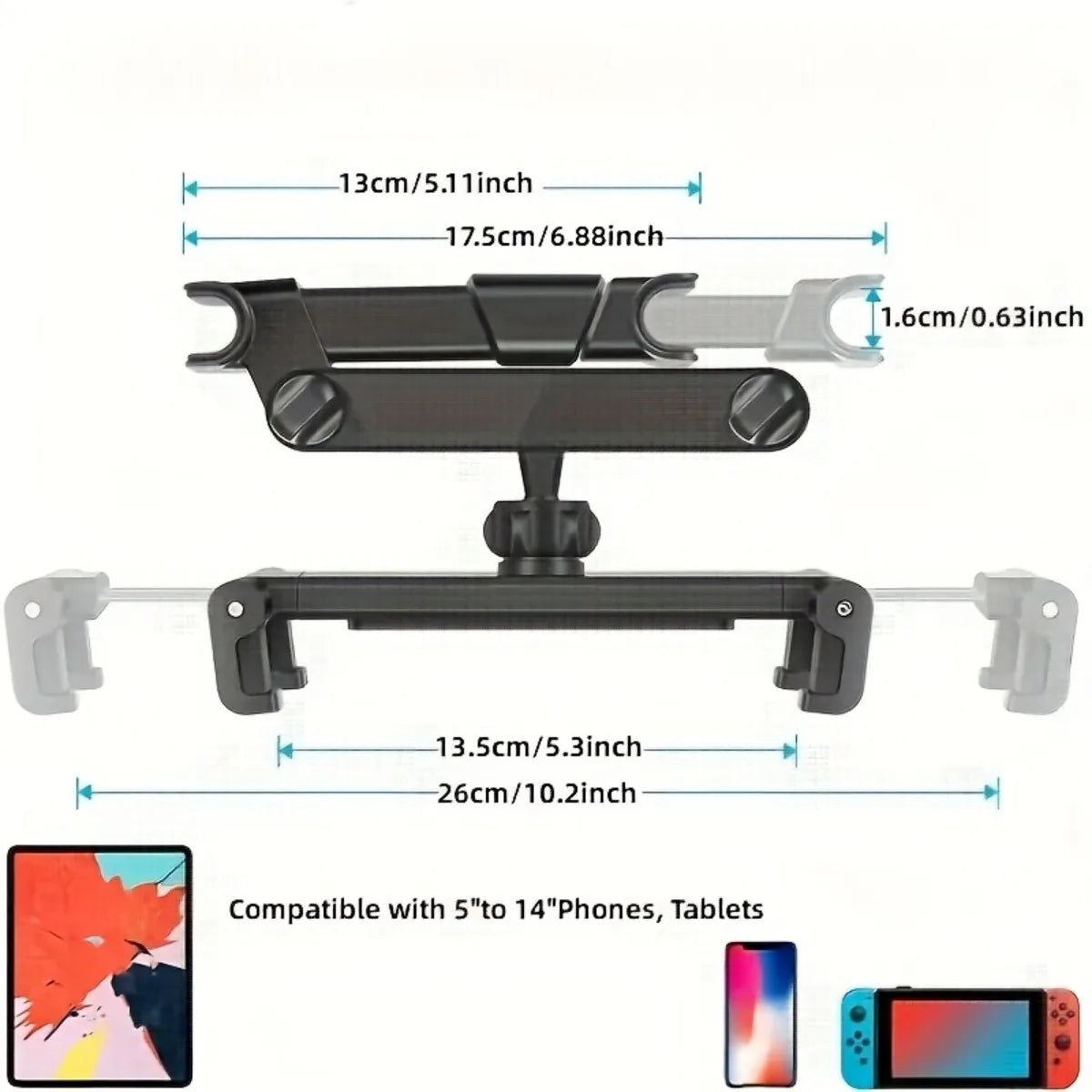 Car Headrest Tablet Mount 360° Rotation – Fits 4.7–12.9"