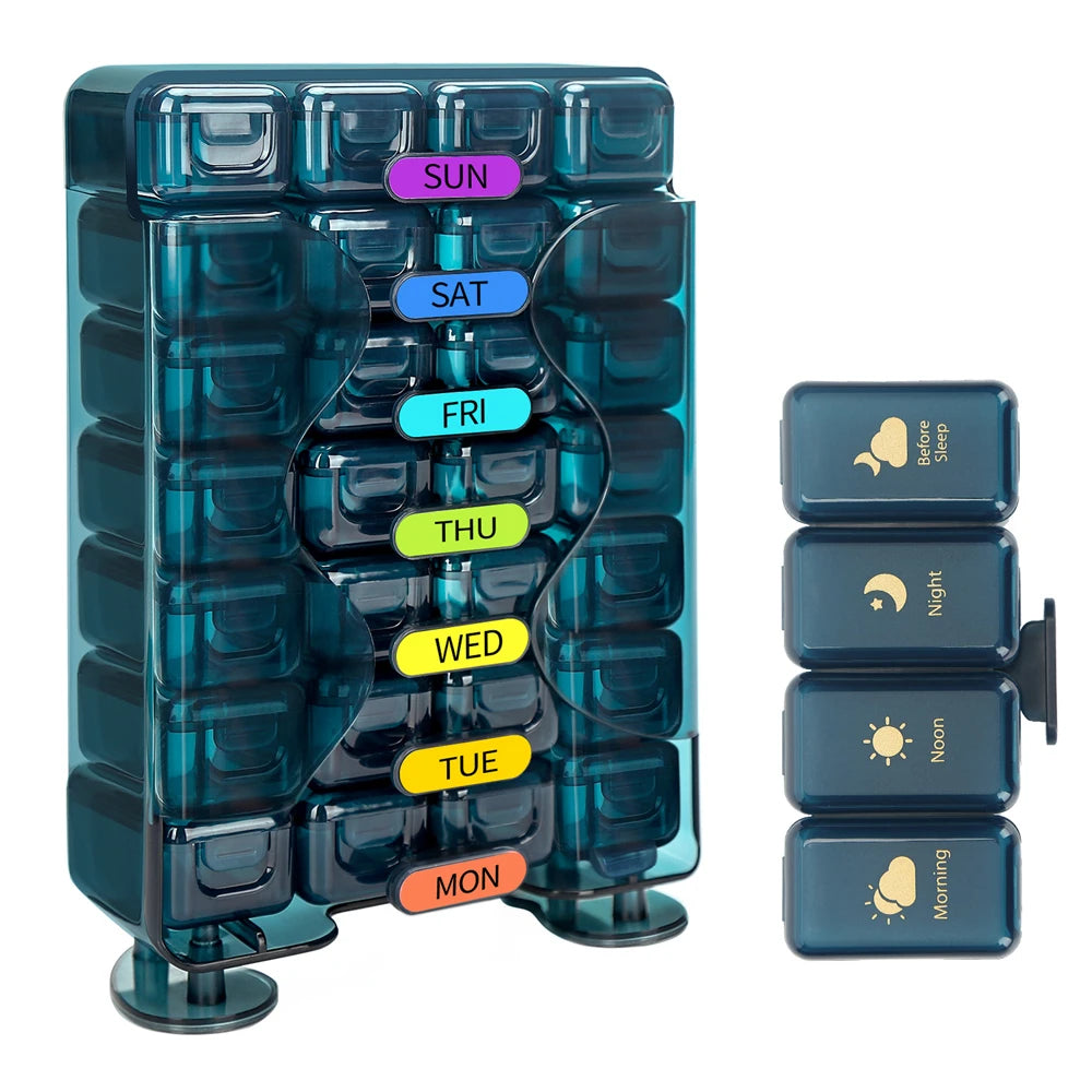Weekly Pill Organizer 4 Times a Day Pill Organizer with Drawer Designed Large Pill Box Travel Pill Case 7 Day Medicine Case Box Peaceful Pleasures Health and Wellness Blue