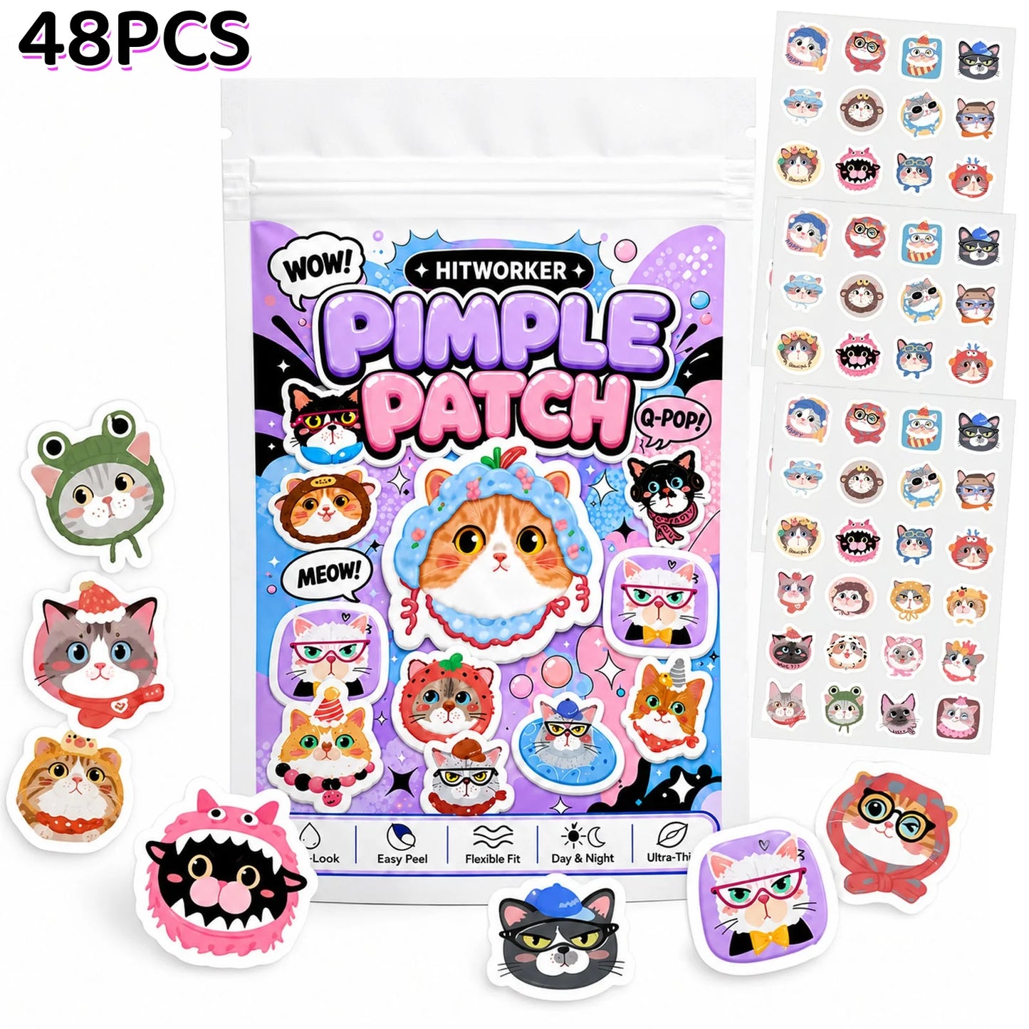 Cute Cat Hydrocolloid Spot Patches – 48/240pc | Day & Night