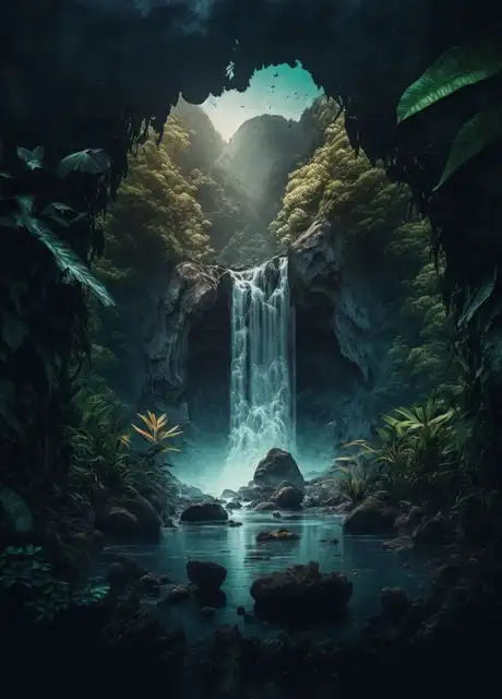 Golden Bonsai Waterfall Canvas Wall Art | Nature Forest Print