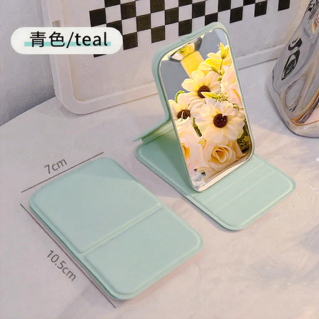 Small Makeup Mirror Portable Folding Girls' Touch-up Mirror Creative High-definition Desktop Standing Mini Portable Small Mirror Peaceful Pleasures Health and Wellness Green-1pcs