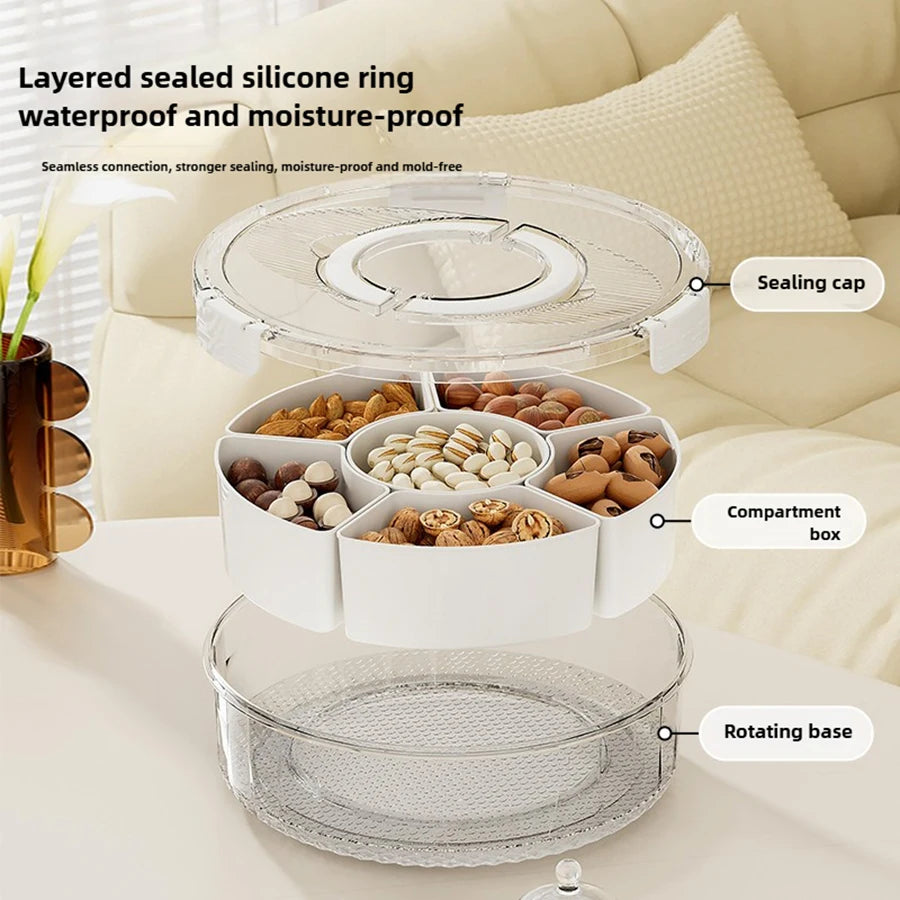 Rotating Divided Serving Tray with Lid & Handle – Large Snack Spinner & Multi-Purpose Food Platter