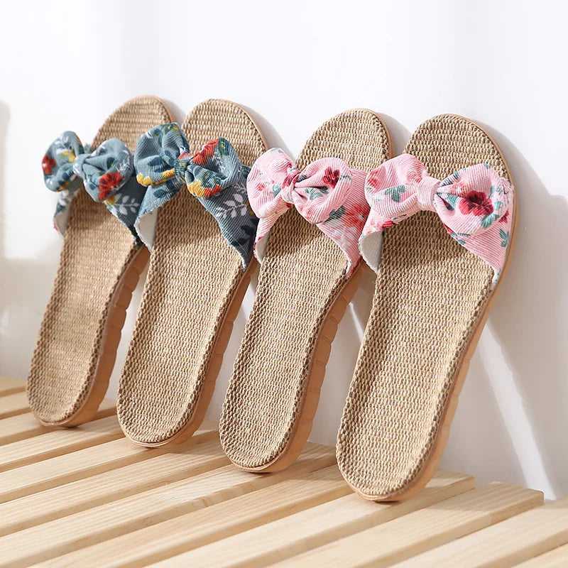 Women's Boho Linen Flip Flops – Bowknot Beach Slippers