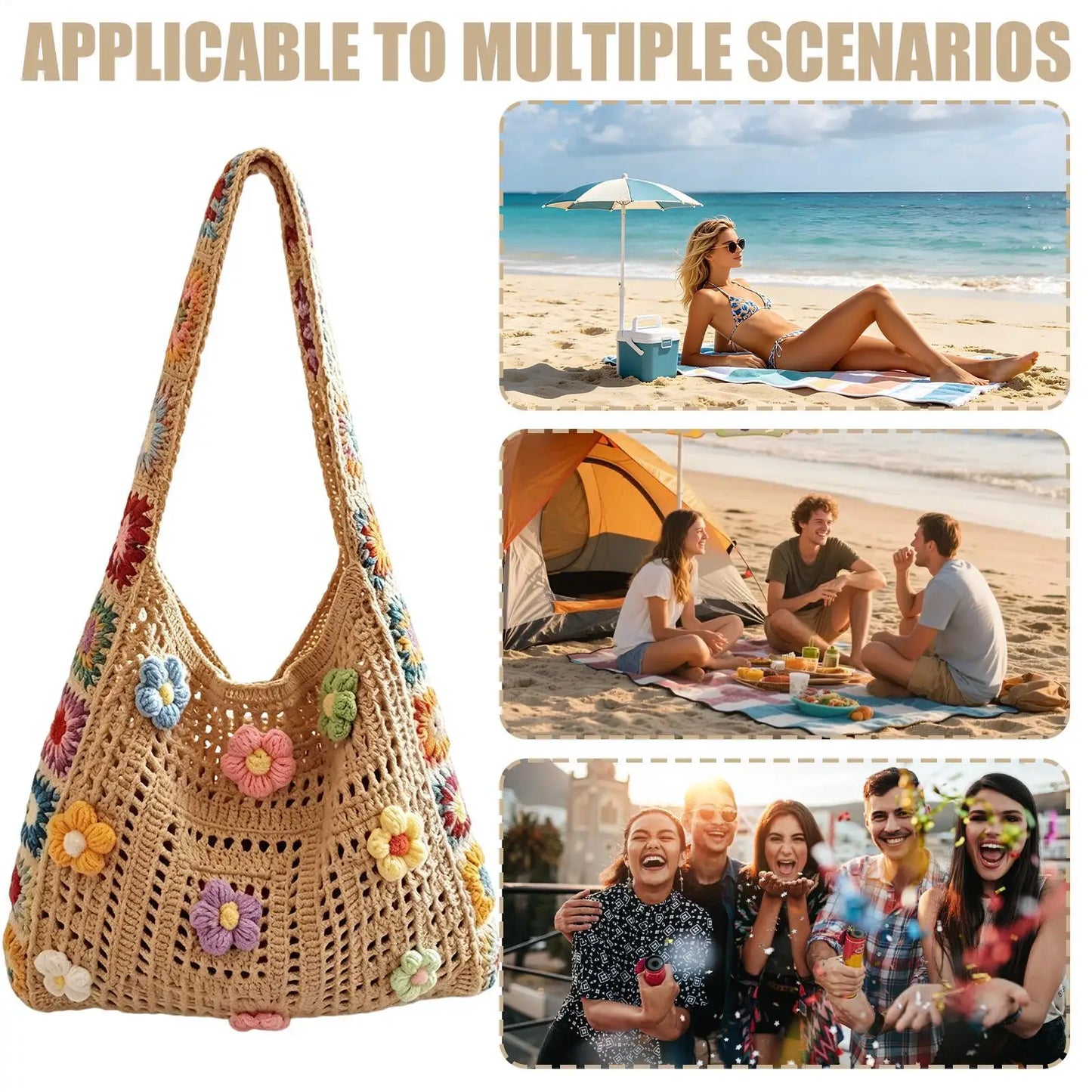 Handmade Crochet Bag For Women Girls, Floral Knit Beach Tote Summer Handbag For Travel Vacation Music Festival Dating Peaceful Pleasures Health and Wellness