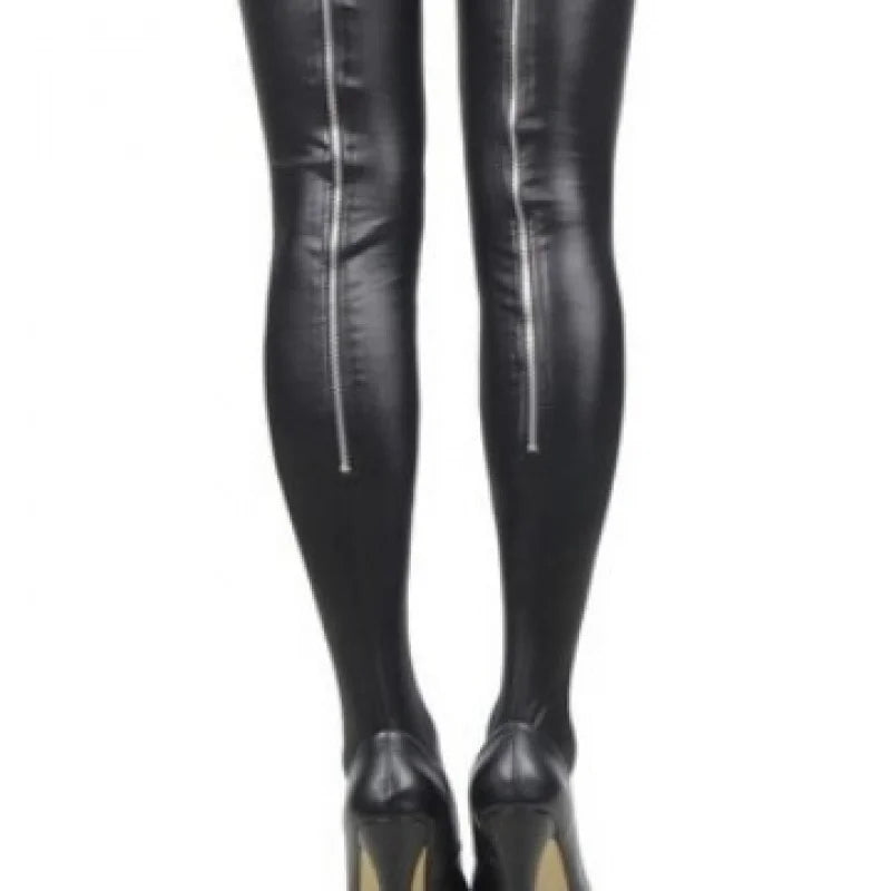 Faux Leather High-Tube Stockings with Metal Decorations
