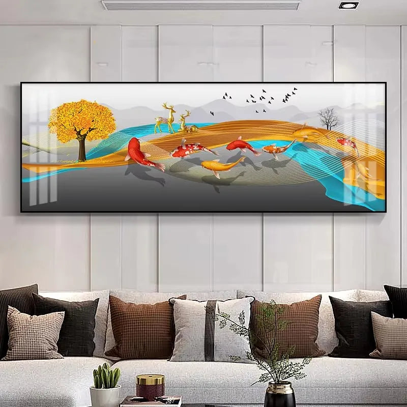 Large Wall Decorative Painting on Canvas Chinese Style Koi Poster Nine Fish Illustration Feng Shui Carp Lotus Pond Home Decor Peaceful Pleasures Health and Wellness ZLH3502 80x240cm Unframed