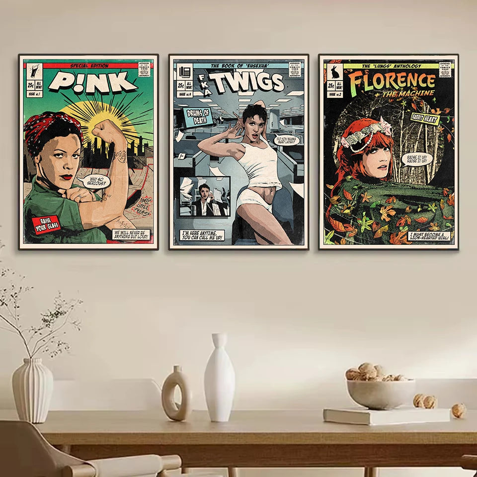 Classic Pop Singer Britney P!nk Katy Retro Comic Style Album Covers Aesthetic Poster Canvas Painting Wall Pictures Home Decor Peaceful Pleasures Health and Wellness