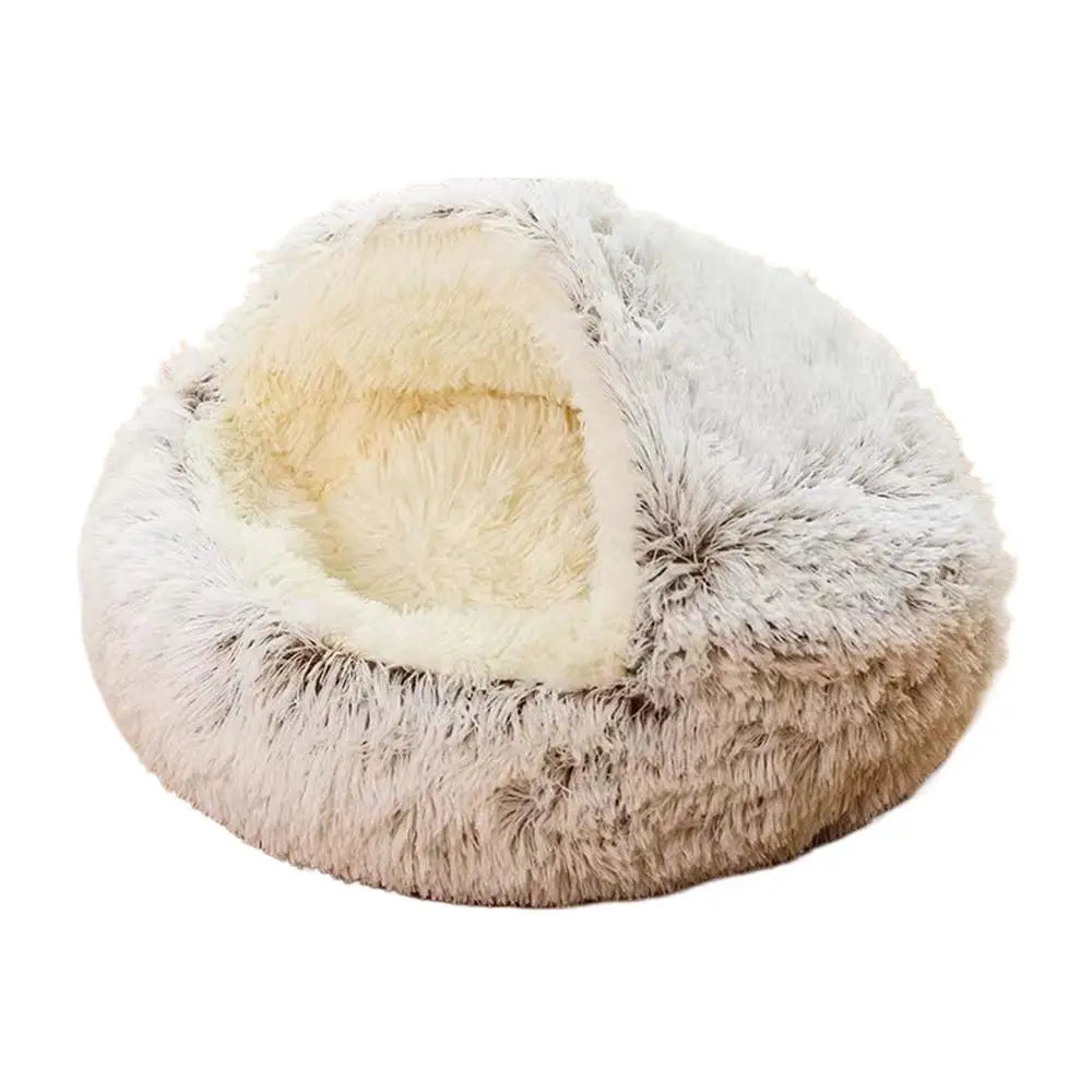 Winter Plush Round Cat Bed – Warm Semi-Enclosed Kitten Nest