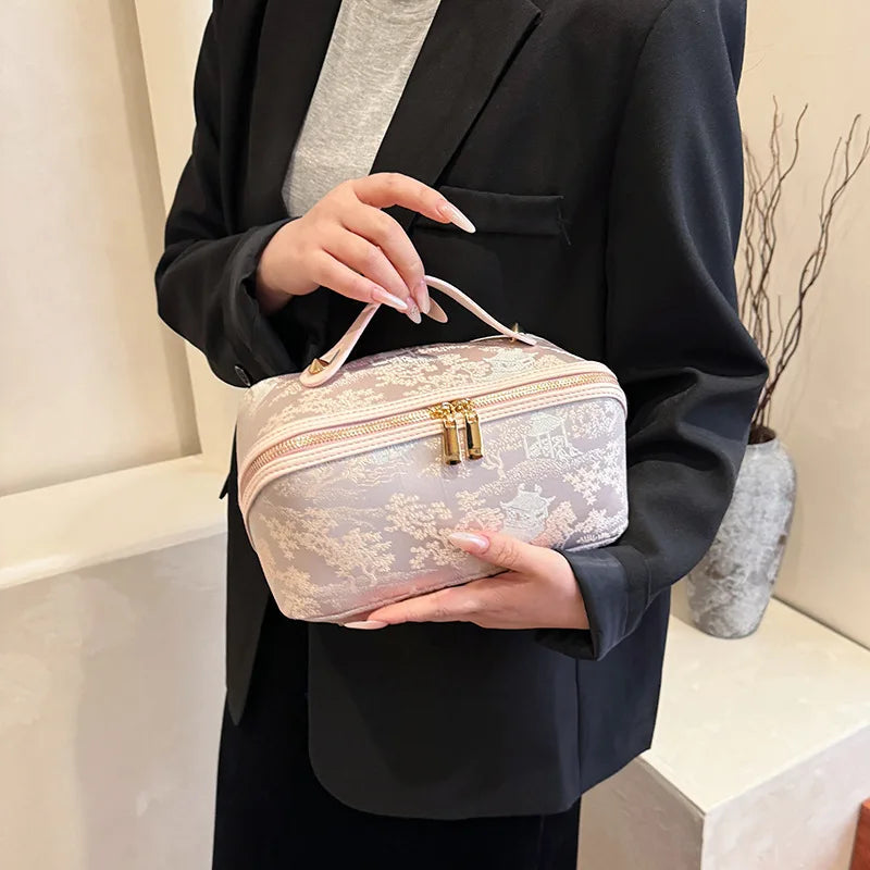 Hot Chinese Style Embroidered Makeup Bag for Women, New Ins Large Capacity Commuting Storage Bag, High-end Handheld Wash Bag Peaceful Pleasures Health and Wellness