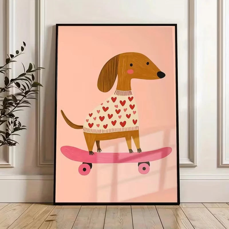 Pink Dog on Skateboard Canvas Wall Art Print | Home Decor