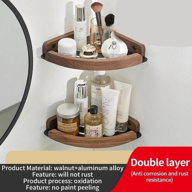 Wood & Aluminum Corner Shower Shelf | Bathroom Wall Organizer