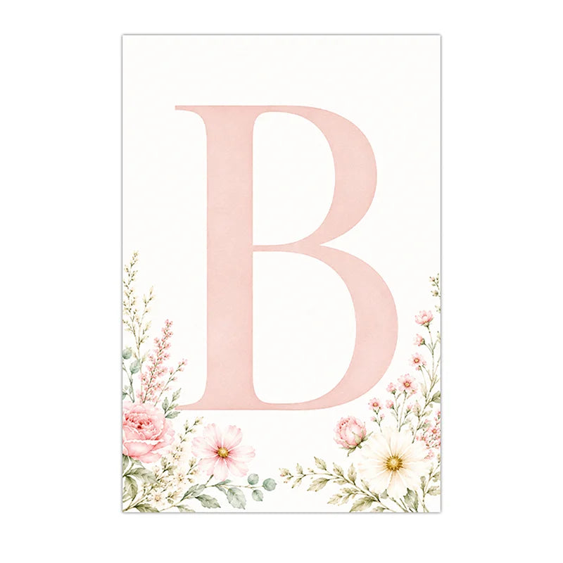 Floral Alphabet Wall Art Custom Letter Canvas Painting Pink Flower Poster Print Nursery Wall Decor Peaceful Pleasures Health and Wellness
