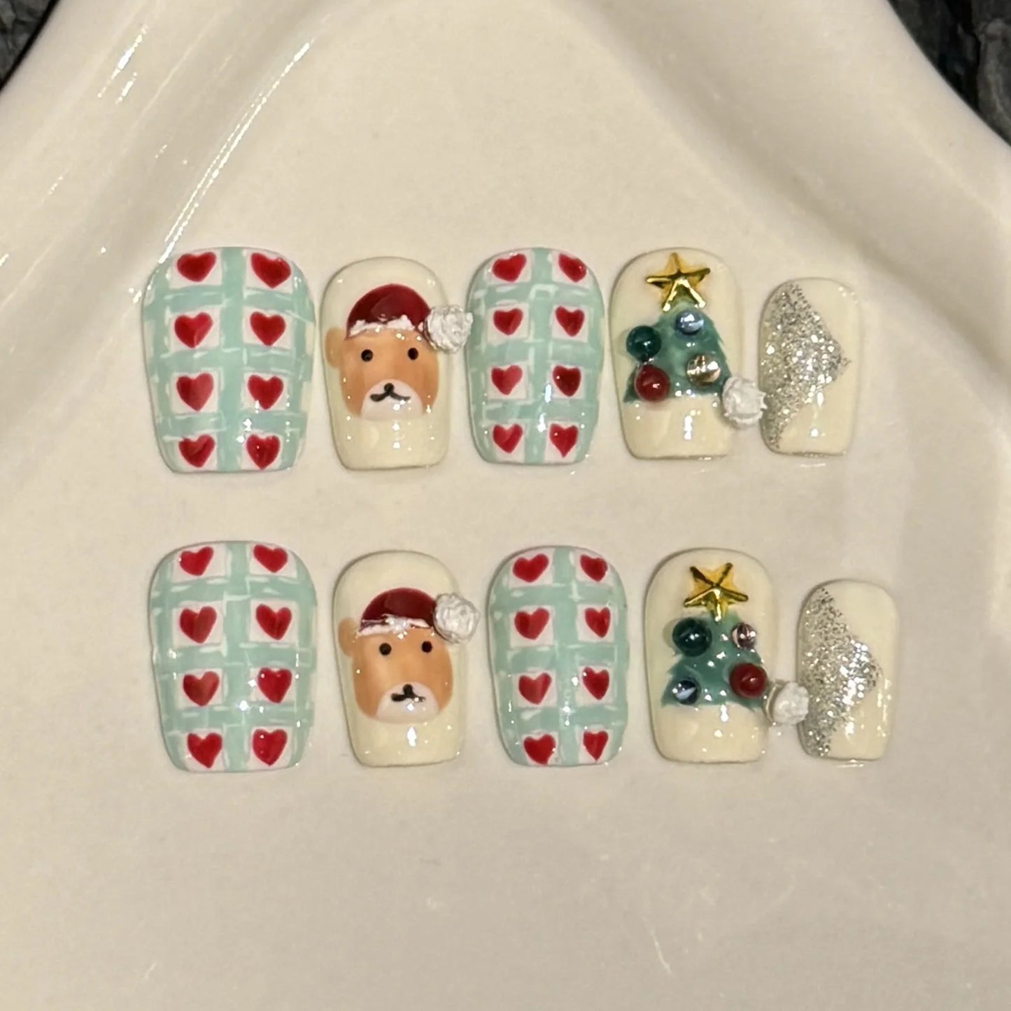 Christmas Press On Nails | 3D Bow Sequin Handmade Fake Nails 10pc