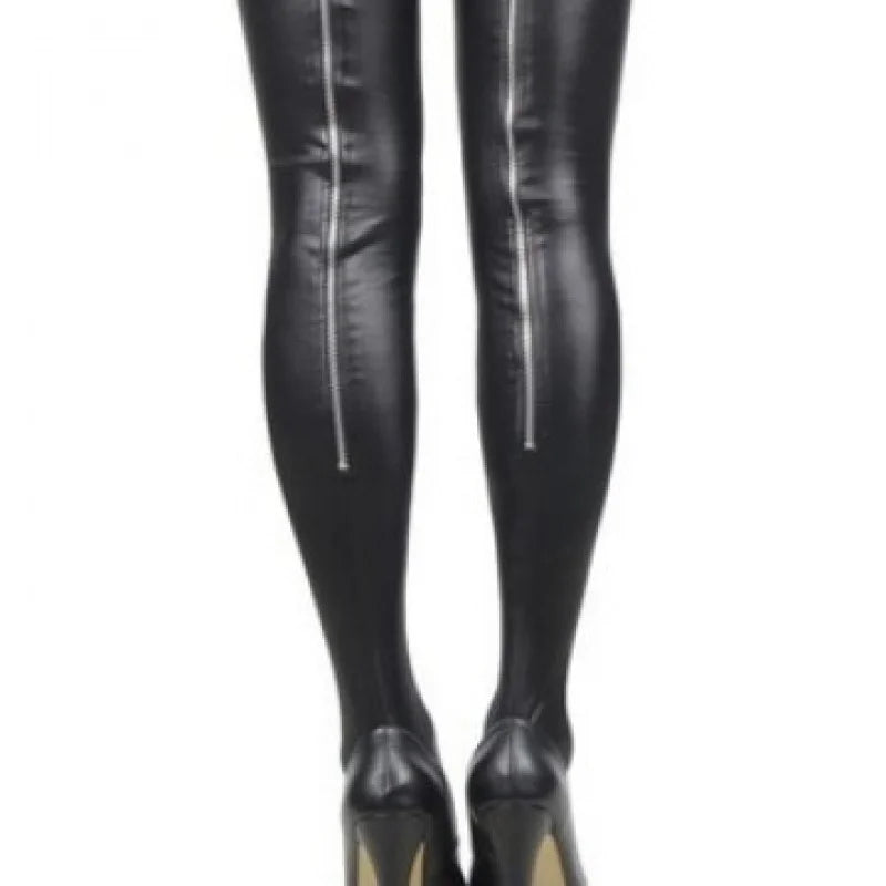 Faux Leather High-Tube Stockings with Metal Decorations
