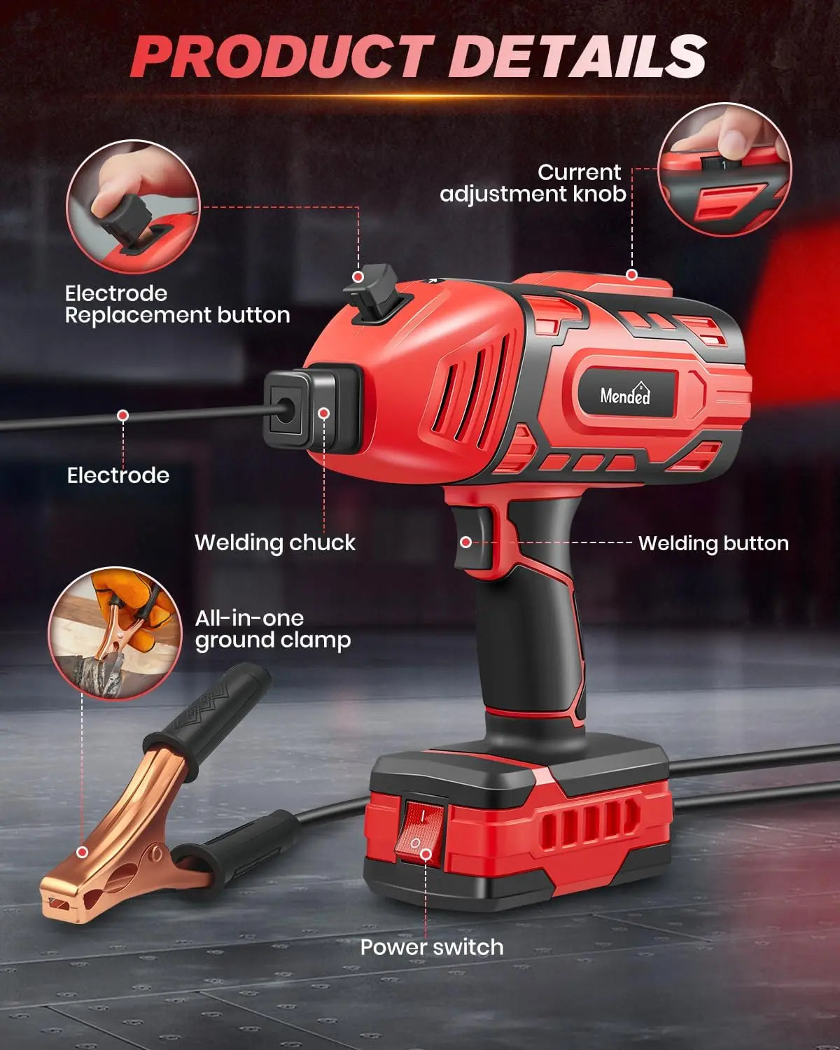 Red and black welding gun with labeled parts on a dark background