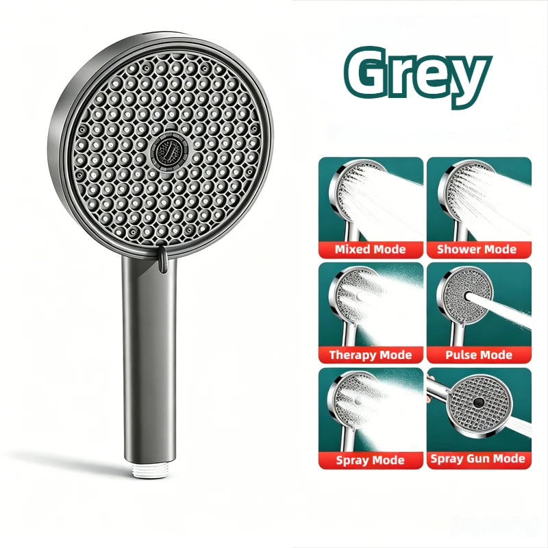 6 Modes Adjustable Pressure Boost Shower Head 12.5CM Big Panel High Pressure Large Flow Handheld Showerhead Bathroom Accessories Peaceful Pleasures Health and Wellness Grey