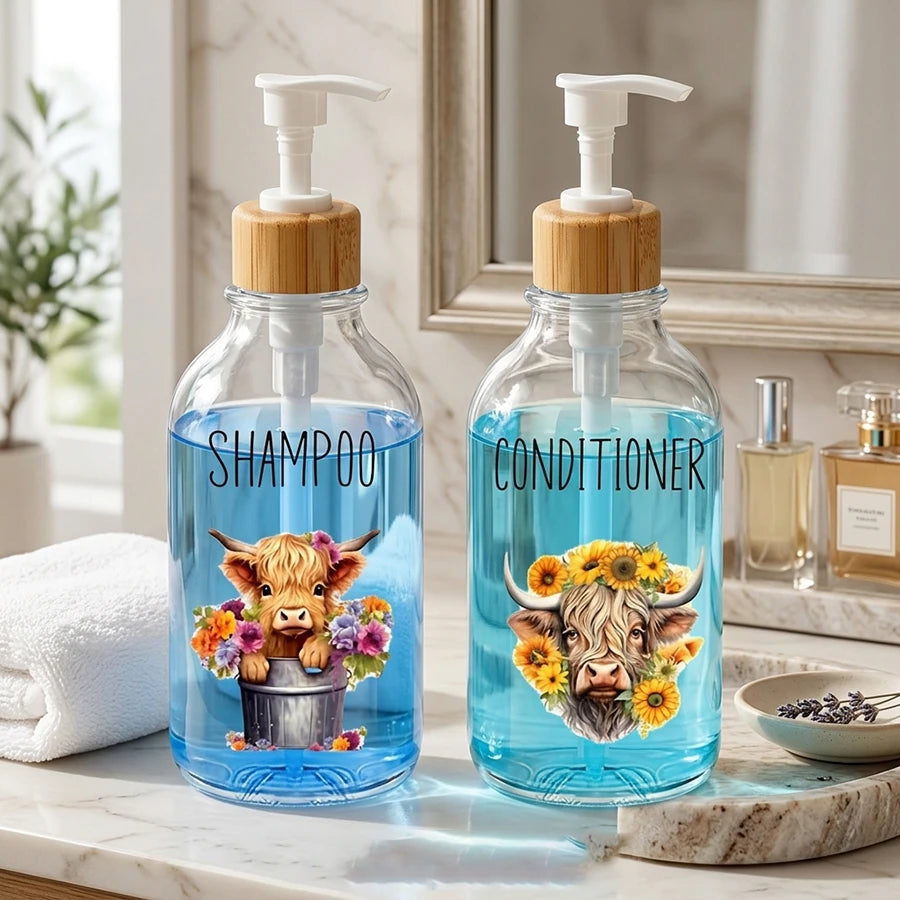 Highland Cow Sunflower Soap Dispenser – 3 Piece Refillable Clear Pump Dispenser Set