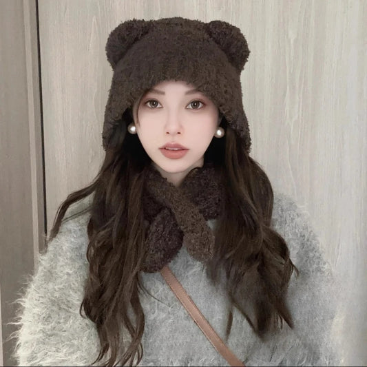 Bear Ear Knitted Hat & Scarf Set | Warm Winter 2-Piece Women Knitted Hat Scarf Set Peaceful Pleasures Health and Wellness