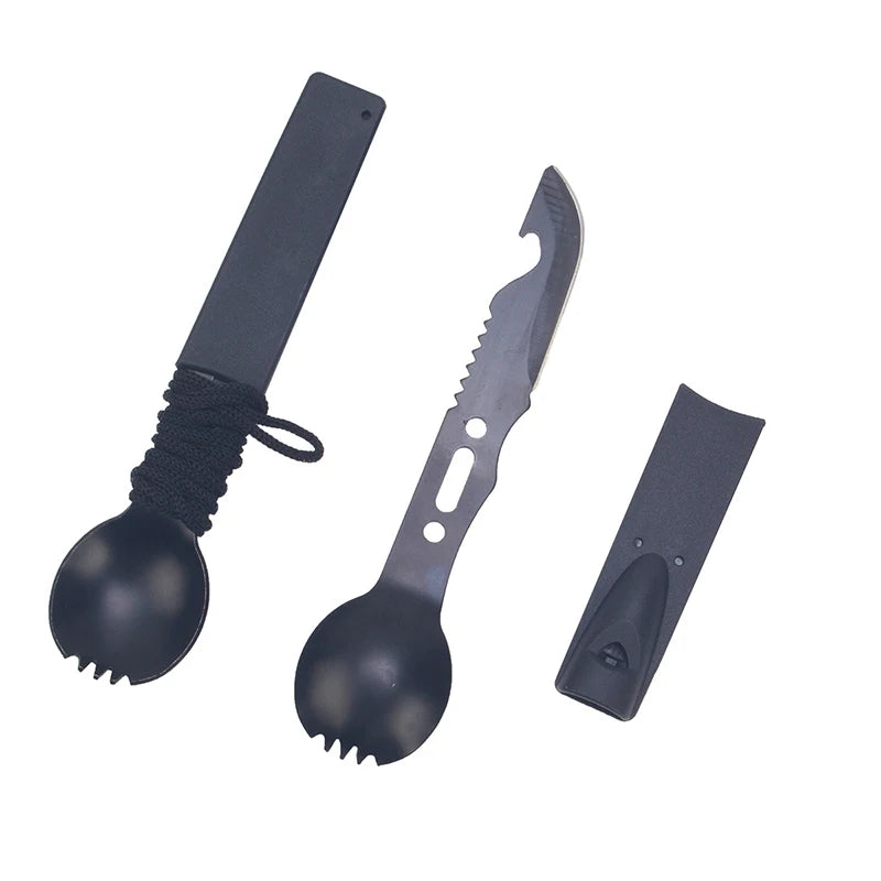 Outdoor Spork Portable Tableware Table Knife Bottle Opener Camping Survival Knife Creative Knife with Whistle Peaceful Pleasures Health and Wellness black