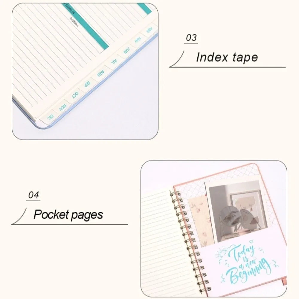 2026 Spanish Planner a5 Notebook Essential Daily Organizer Self-Tracking Diary Book Convenient Coil Calendar Peaceful Pleasures Health and Wellness
