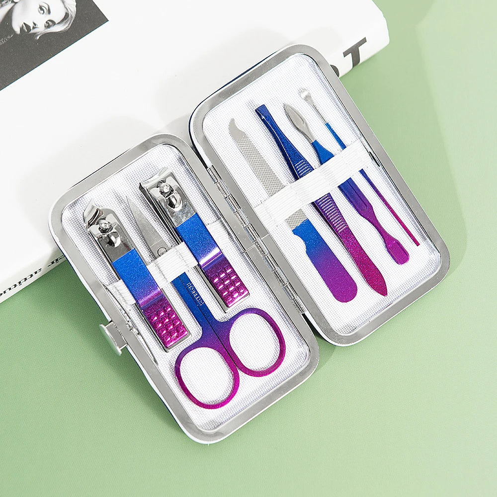 Colorful Stainless Steel Manicure Set 7 In 1 Nail Clipper Pedicure Kit Cuticle Pusher Remover Toenail Fingernail Scissors Groom Peaceful Pleasures Health and Wellness DEEP BLUE