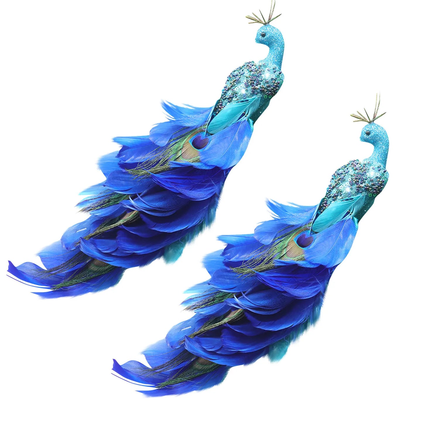 Christmas Decorations Faux Glitter Blue Peacock Ornaments With Tail Feather For Christmas Tree Decorations Garden Decor Yard Peaceful Pleasures Health and Wellness 2PCS One Size
