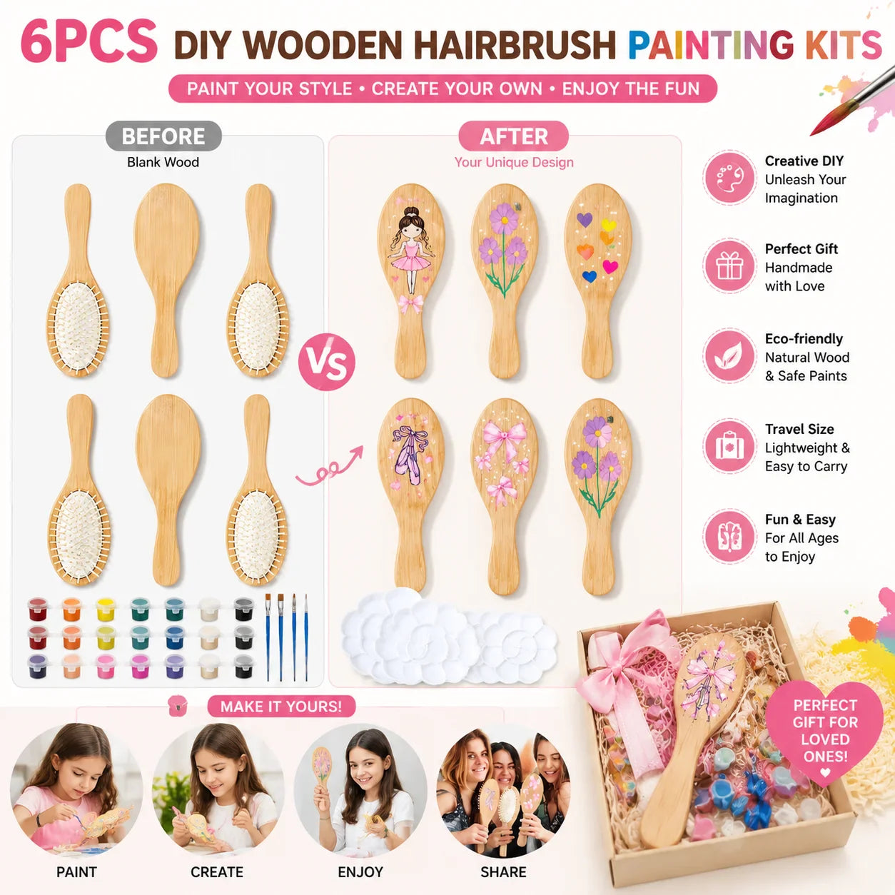 DIY Wooden Hairbrush Painting Kit – 6-Piece Creative Craft Set