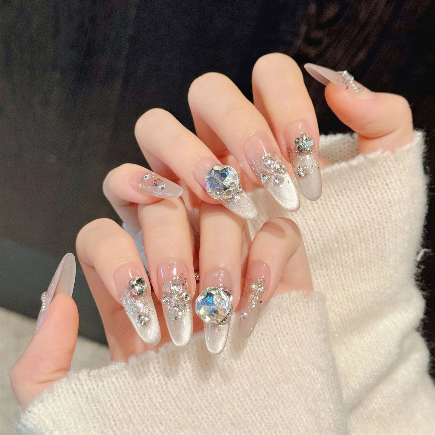 10pcs Handmade Press on Nails French Cat's Eye Fake Nails with Flash Rhinestones Decor Wearable Shiny Gradient False Nail Tips Peaceful Pleasures Health and Wellness XS