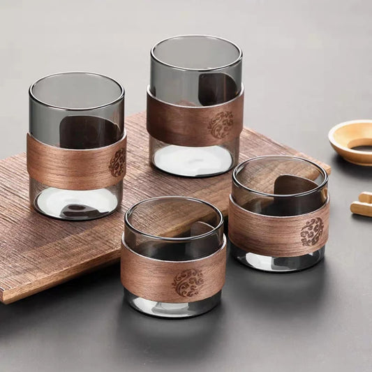 Thickened Glass Tea Cup with Wooden Ring Heat-resistant and Heat-resistant Water Cup Master Cup Household Glass Cup Coffee Cup Peaceful Pleasures Health and Wellness