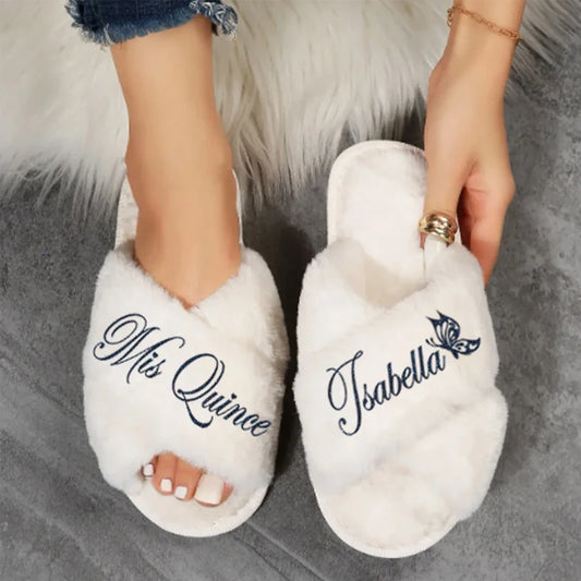 Personalized Mis Quince Fluffy Slippers | Quinceanera Gift Personalized Party Slippers Peaceful Pleasures Health and Wellness