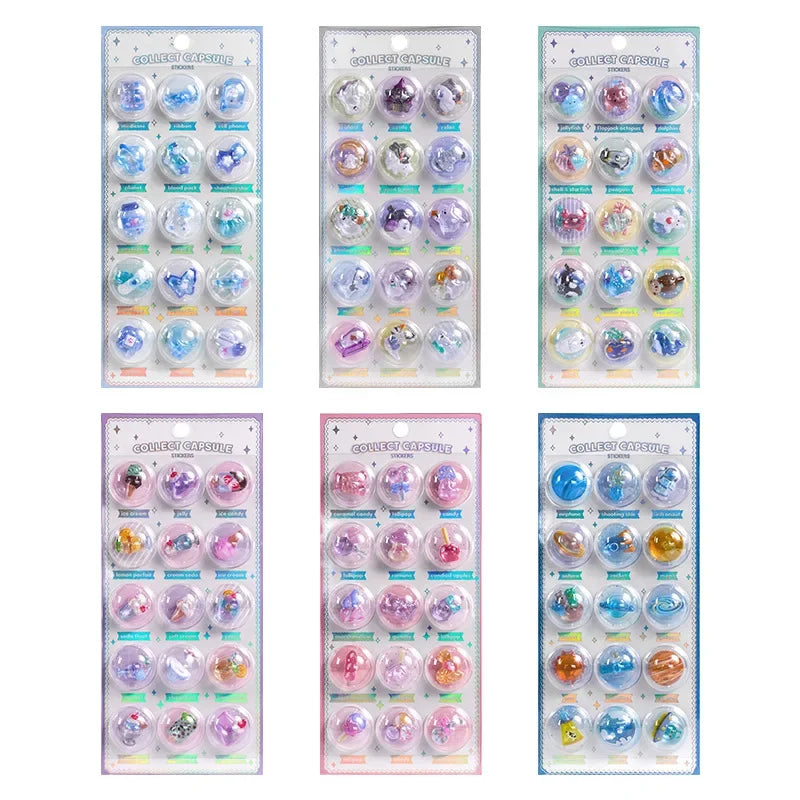 Creative 3D Capsule Embossed Crystal Sticker Kawaii 3D Relief Stickers Scrapbooking DIY Journal Cute Stationery School Sticker Peaceful Pleasures Health and Wellness 6PCS