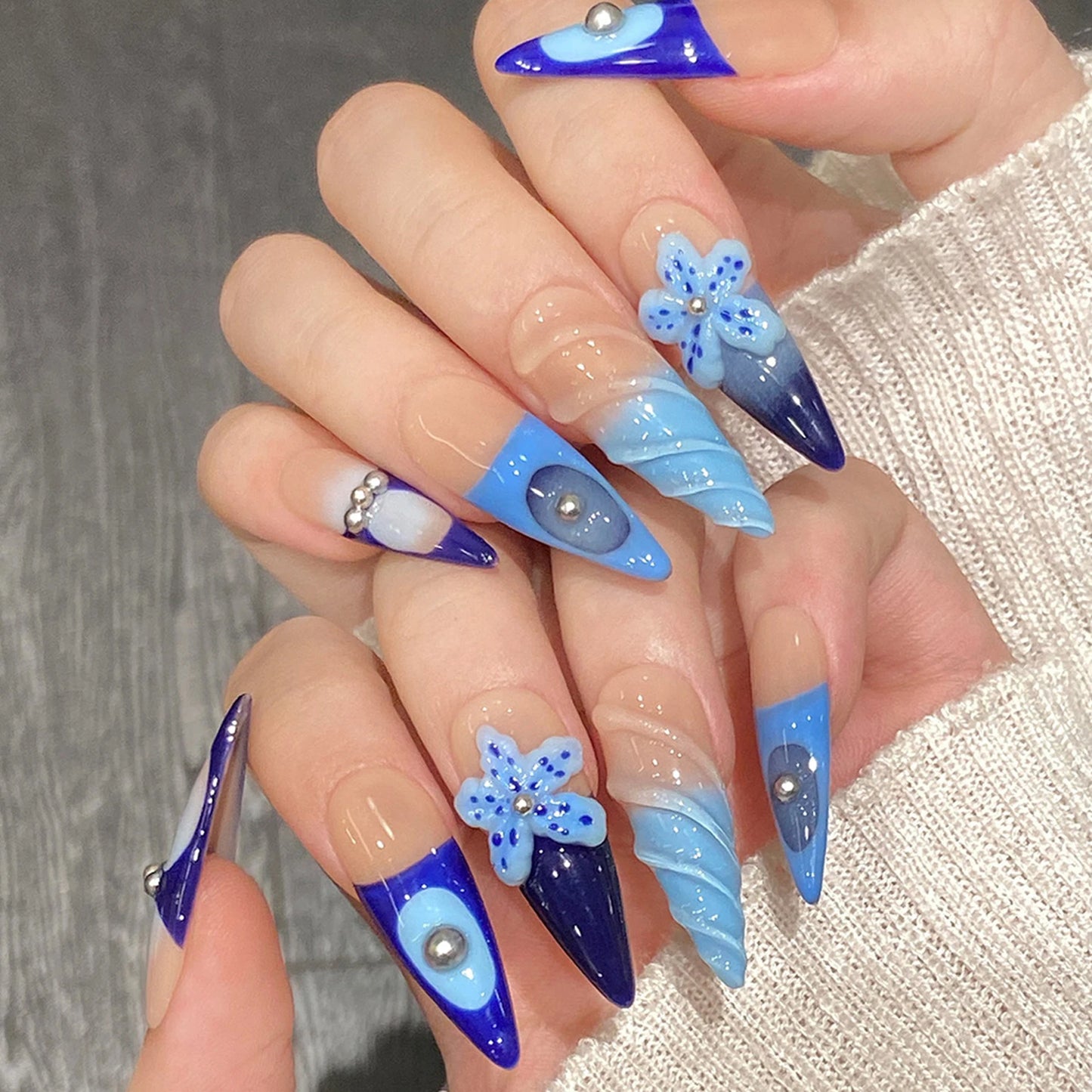 Handmade Press on Nails Long Pointed Sea Blue Starfish Decor False Nails 3D Pearls Decor French Fake Nails for Women and Girl Peaceful Pleasures Health and Wellness