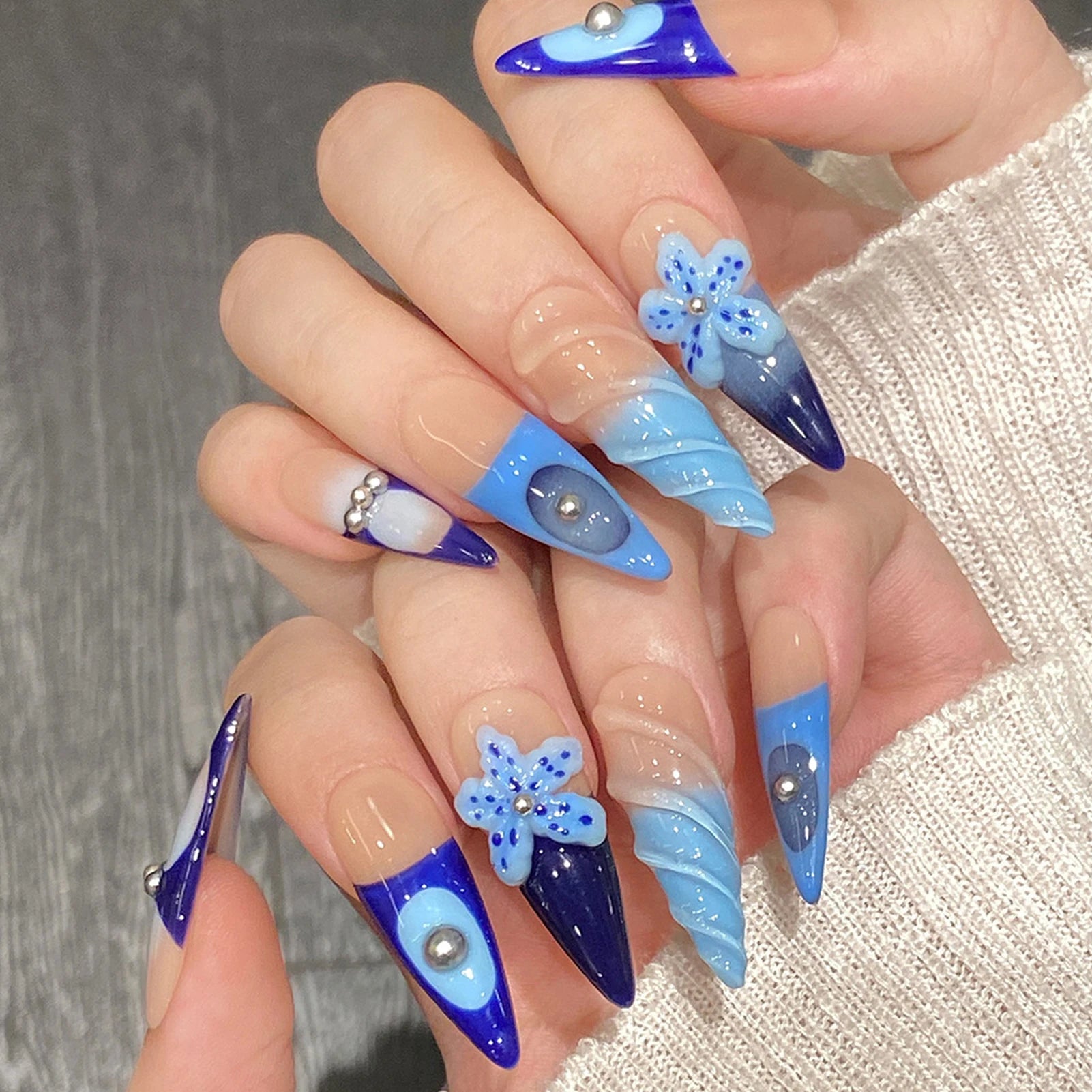 Handmade Press on Nails Long Pointed Sea Blue Starfish Decor False Nails 3D Pearls Decor French Fake Nails for Women and Girl Peaceful Pleasures Health and Wellness