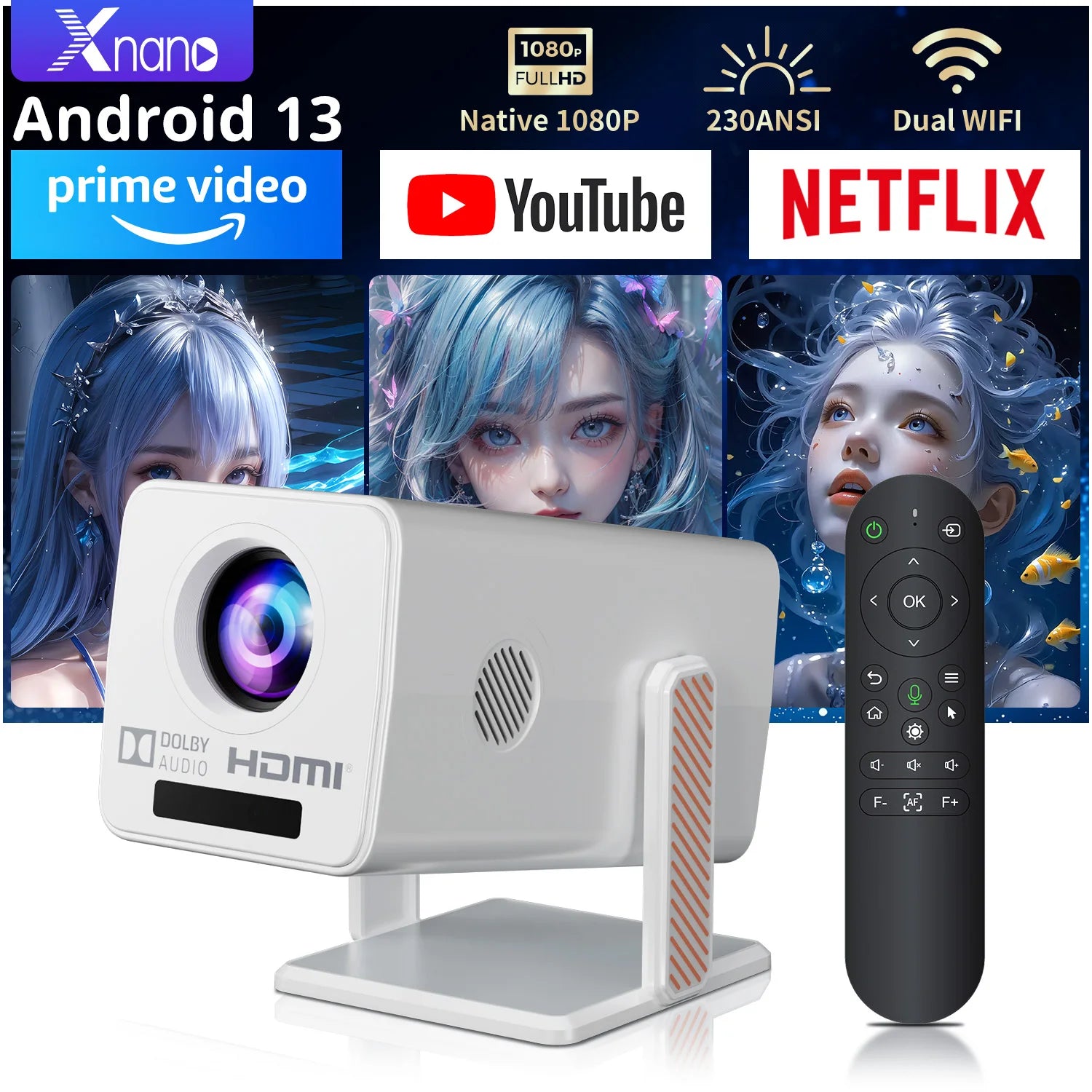 Xnano Projector 4K Android 13 Dual WiFi5 300ANSI Amlogic T950S BT5.2 1920*1080P Home Theater Cinema Mini Portable Projectors Peaceful Pleasures Health and Wellness