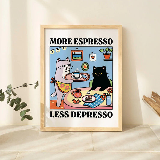 More Espresso Less Depresso Black Cat Canvas Wall Art Print Canvas Wall Art Print Peaceful Pleasures Health and Wellness