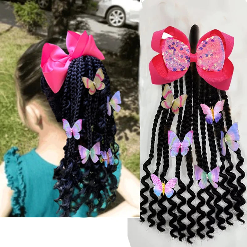 Kid Ponytail Braid Hair Extensions with Curly Ends - Elastic with Butter/ Dreadlock Hair Beads- Protective Hairstyle Detachable Peaceful Pleasures Health and Wellness