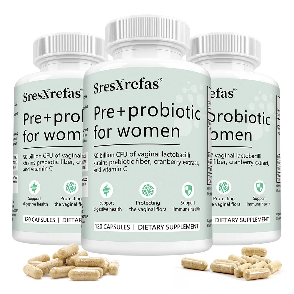 Pre+probiotic Capsules for Women, with Vitamin C, Cranberry Extract, Support Digestive Health, Protecting The Vaginal Flora Peaceful Pleasures Health and Wellness 120 count-3 bottle