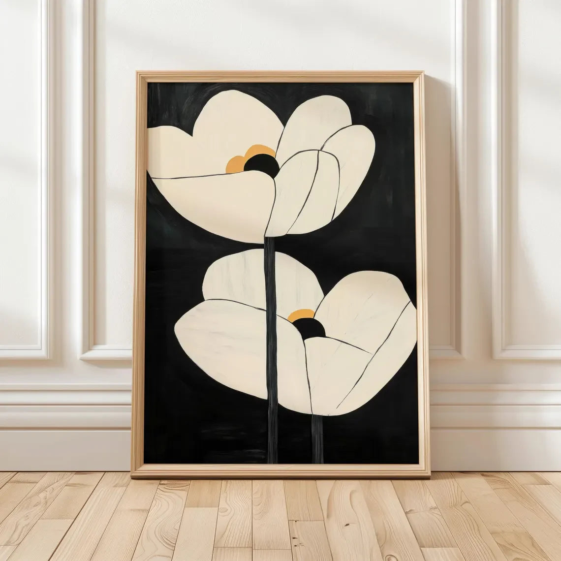 "Mid-Century Modern Minimalist Floral Art Print: Bold Black Double-Flower Design with Playful Orange Polka-Dot Centers, Perfect Peaceful Pleasures Health and Wellness TR122811-4 20x30cm Unframed