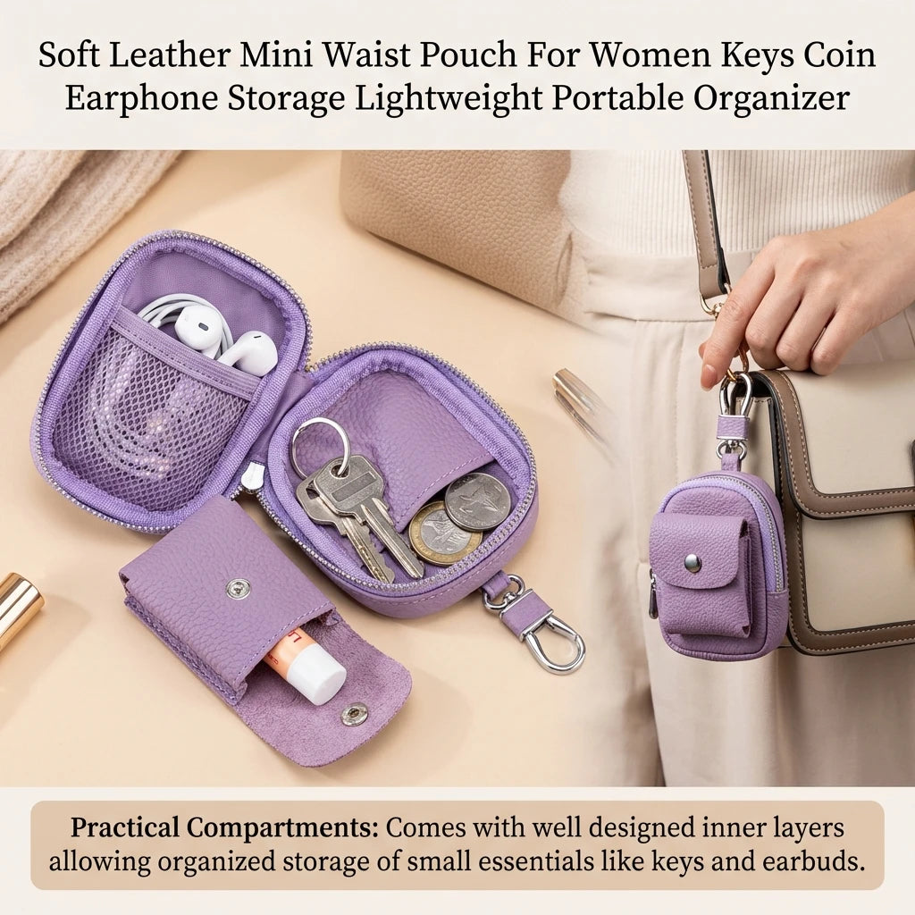Soft Leather Mini Waist Pouch For Women Keys Coin Earphone Storage Lightweight Portable Organizer Peaceful Pleasures Health and Wellness
