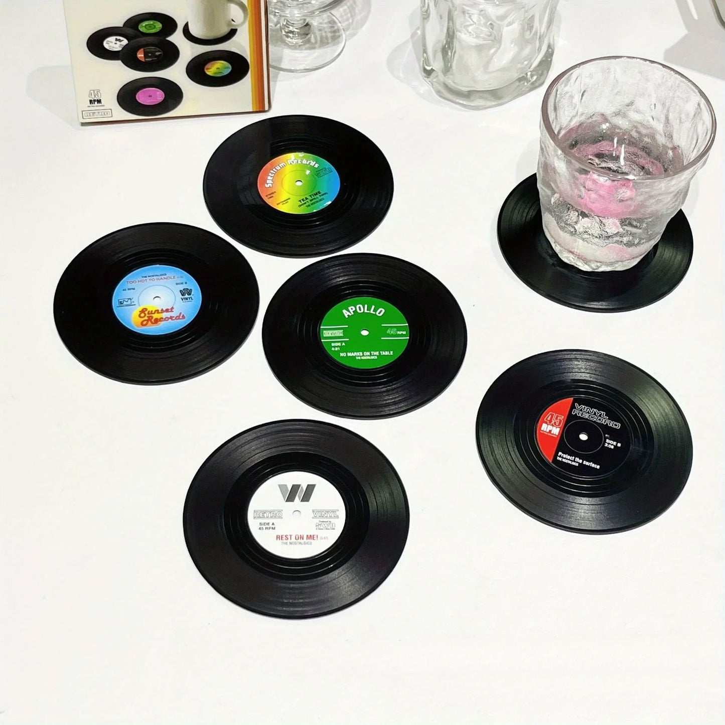 6-Pack Vinyl Record Coasters – Retro Absorbent Table Protectors