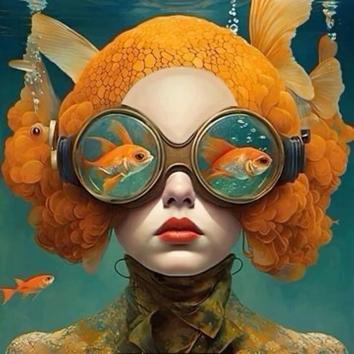 Surrealism Woman & Fish Canvas Wall Art | Fantasy Portrait Print