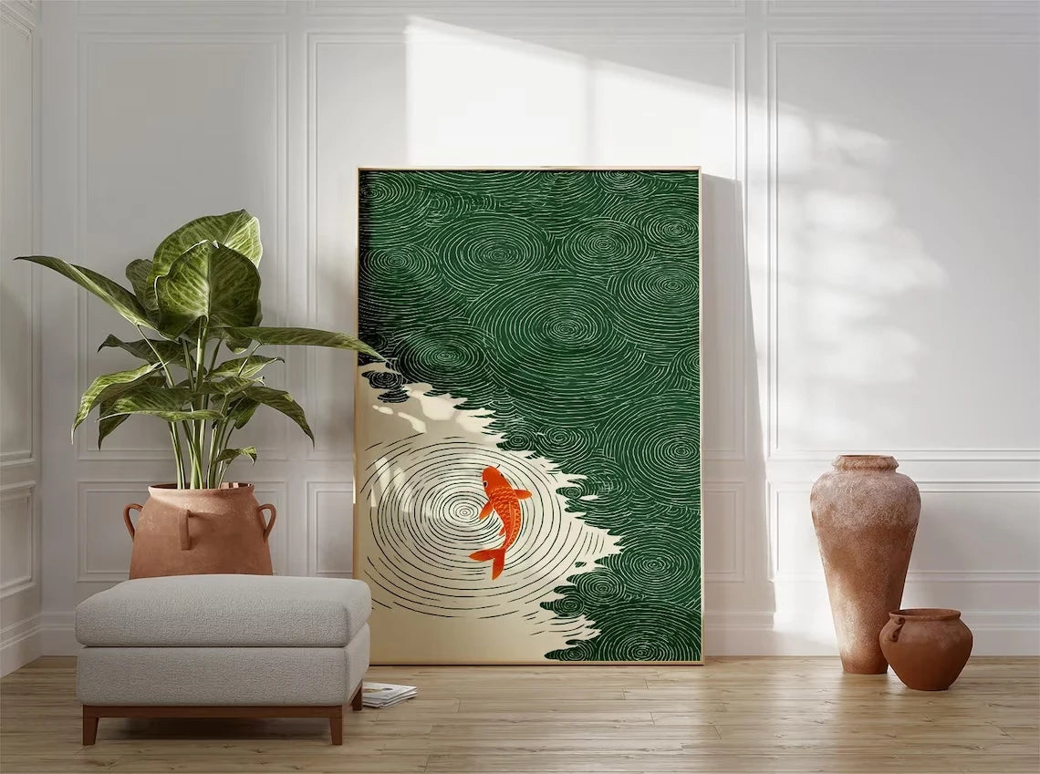 Retro Japanese Ripple Canvas Wall Art – Green & Orange Print