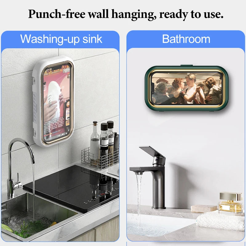 Waterproof mobile phone box with 360° rotation punch free bathing artifact anti fog mobile phone box for kitchen wall waterproof Peaceful Pleasures Health and Wellness